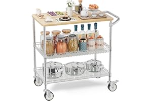 Leteuke Rolling Kitchen Carts with Wheels, 34" L x 17.5" W, 3-Tier Heavy Duty Utility Cart with Wood Tabletop, NSF Commercial Metal Serving Cart with Handle and Shelf Liner for Kitchen, Chrome
