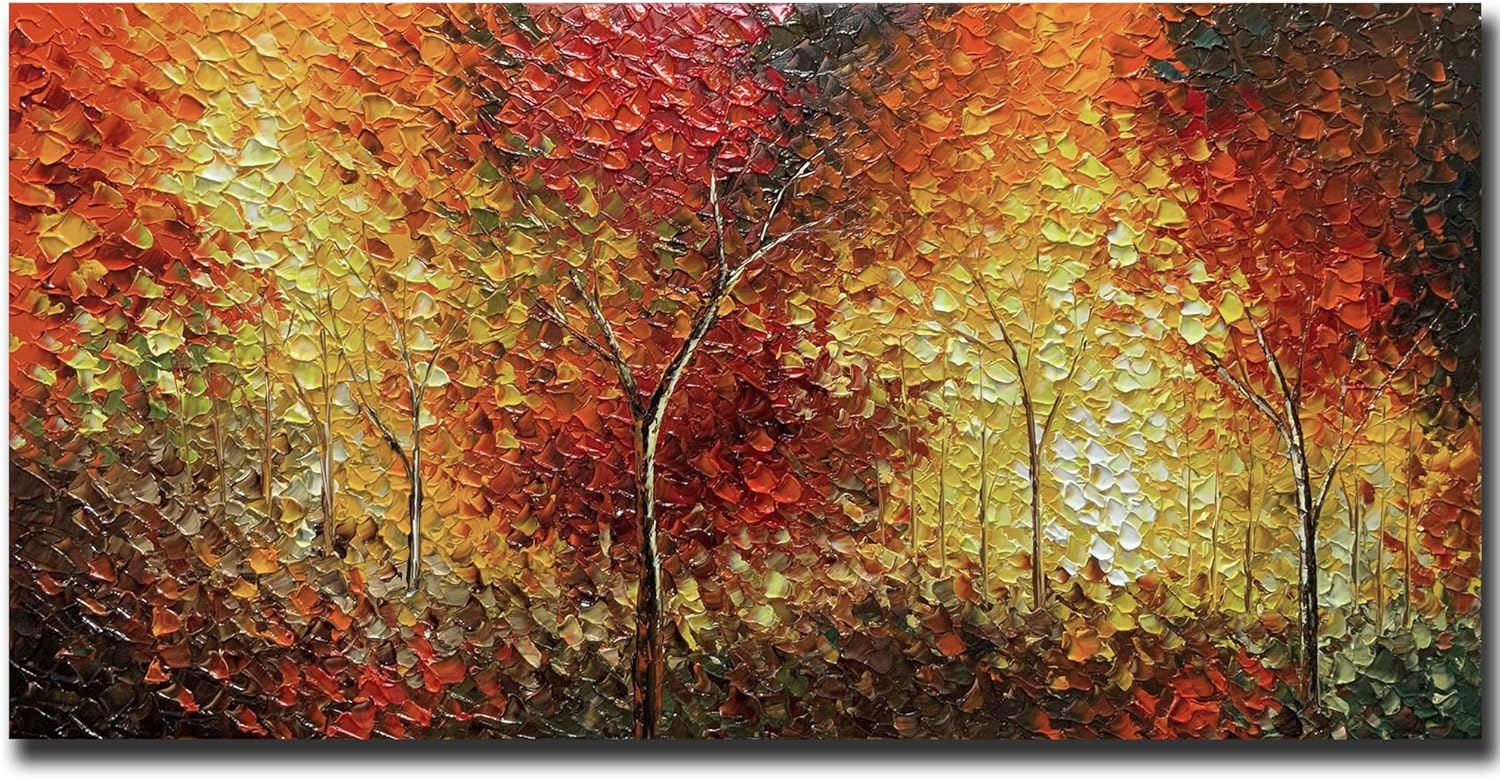 Paintings - Tiancheng Art, 24 X 48 Inch Modern Abstract Tree Art Wooden Frame Canvas Acrylic Oil Painting Hand-Painted Living Room Bedroom Décor Home Wall Decoration Ready to Hang