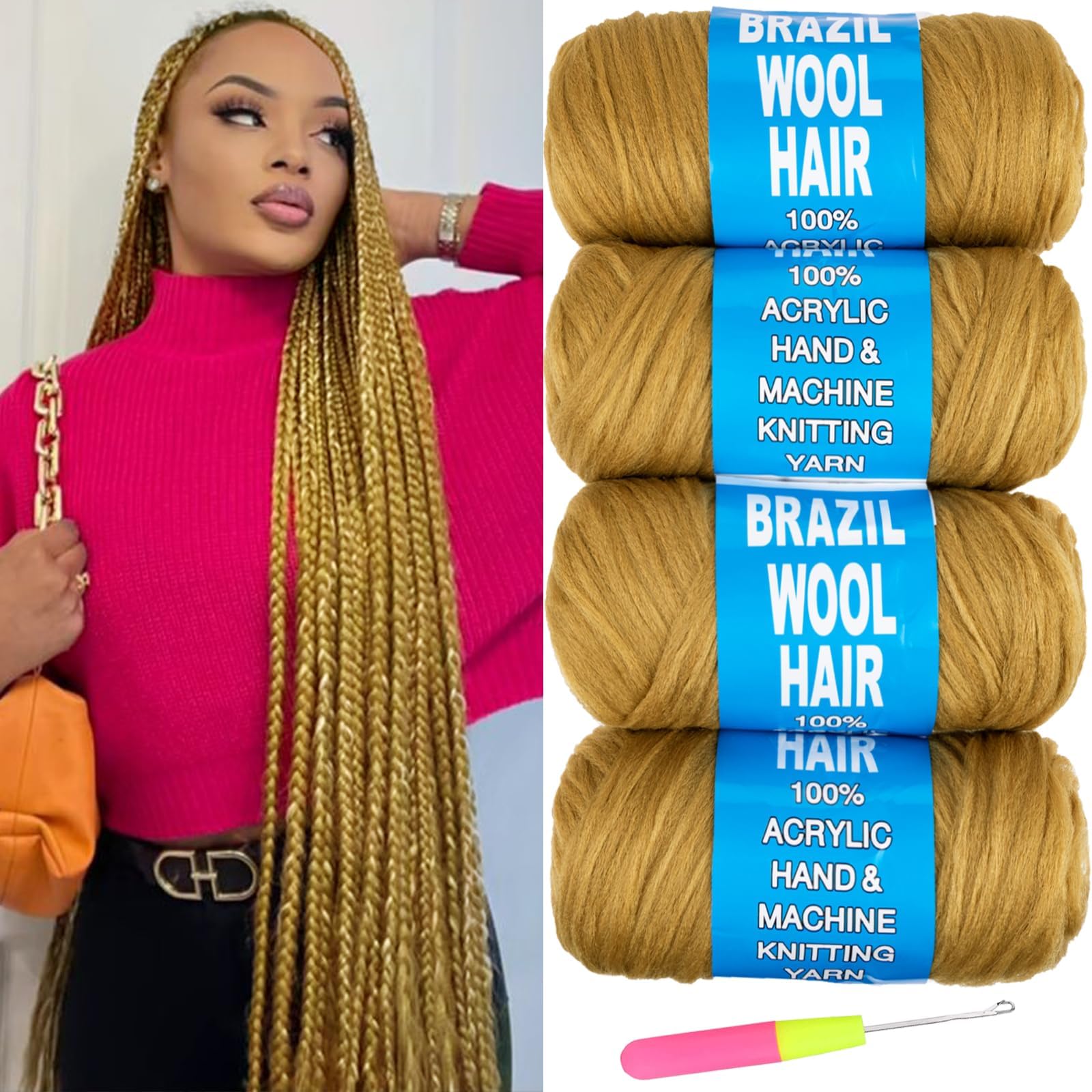 Ainimiu 4 Roll Brazilian Wool Hair for Braiding Faux Locs Crochet for Women Synthetic Braiding Hair Extensions
