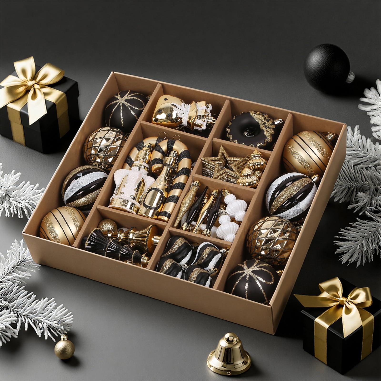 SHareconn 70pcs Personalised Black Christmas Baubles Ornaments Set, Shatterproof Plastic Baubles for Christmas Tree Decorations, Holiday Party Decoration with Pre-Hanged Strings, Black& WhiteGold