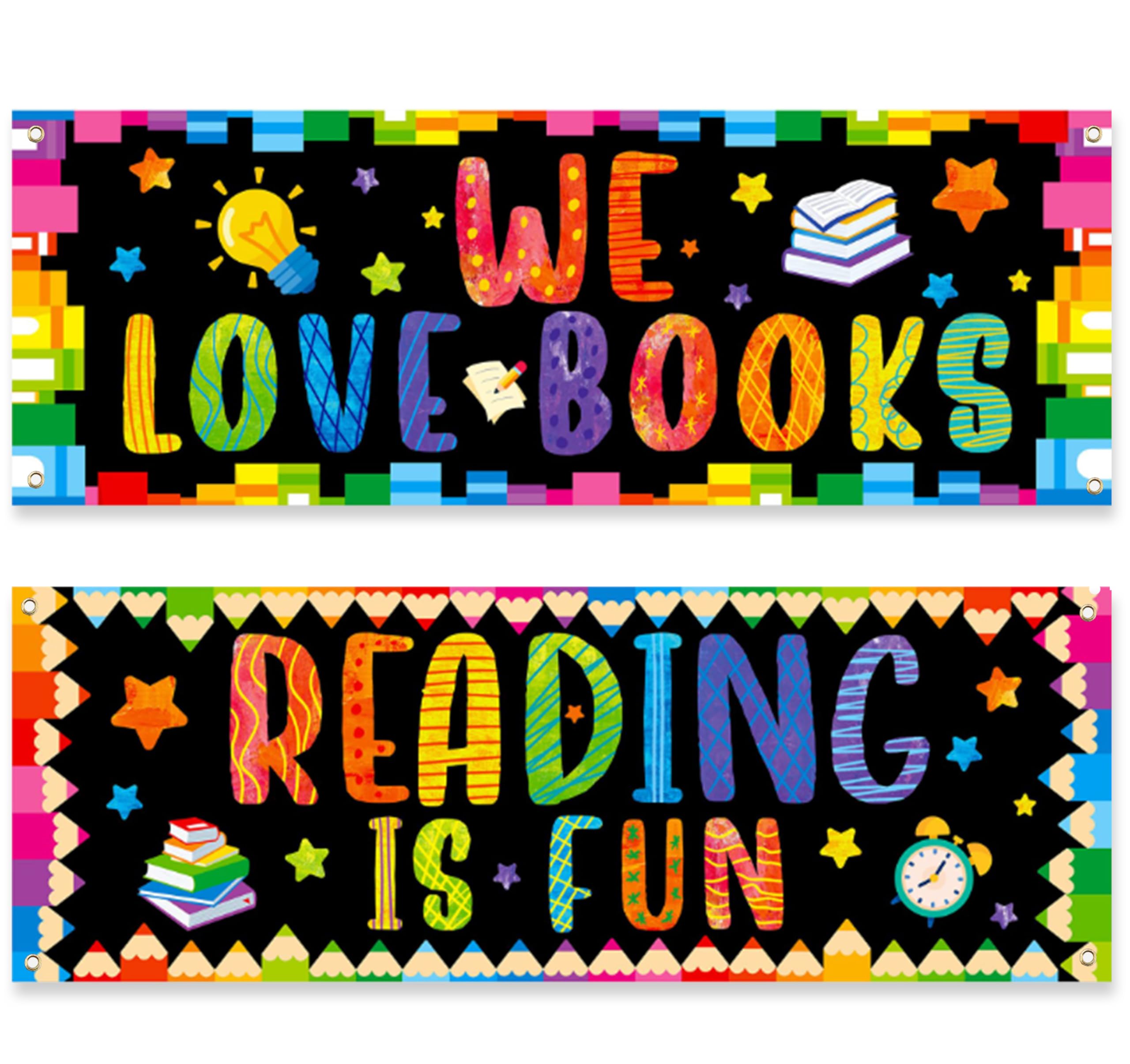 Photo 1 of 2 Pcs Classroom Decoration Banner with Grommets and Ropes - "Reading" Fabric Banner Poster Set, Pre-Installed Hanging Kit for Inspirational Bulletin Board Set, Wall Decor, Reading Corner