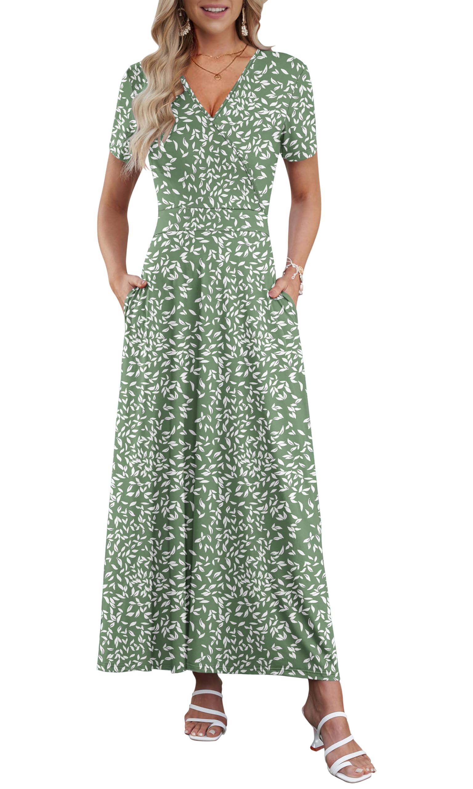 AUSELILY Maxi Dresses for Women Ankle Length Floral Print Beach Long Flowy Dress with Pockets Olive Green Leaf L Image