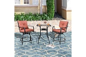 PatioFestival Bar Height Patio Chairs Set, 3-Piece, Rust-Resistant Steel Frame, Stain-Resistant Fabric, 360 Degree Swivel, Removable Cushions, Glass Top Table, Red