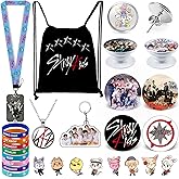 eTel Like Stray Kids Gifts Set, Including Drawstring Bag Backpack, Necklace, Earrings, Bracelets, Button Pins, Lanyard ID Holder, Keychain, Phone Ring Holder, Cartoon Badge