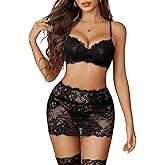 Avidlove Lingerie for Women Naughty 3 Piece Lace Bralette Mini Skirt with G-String Teddy Lingerie Set