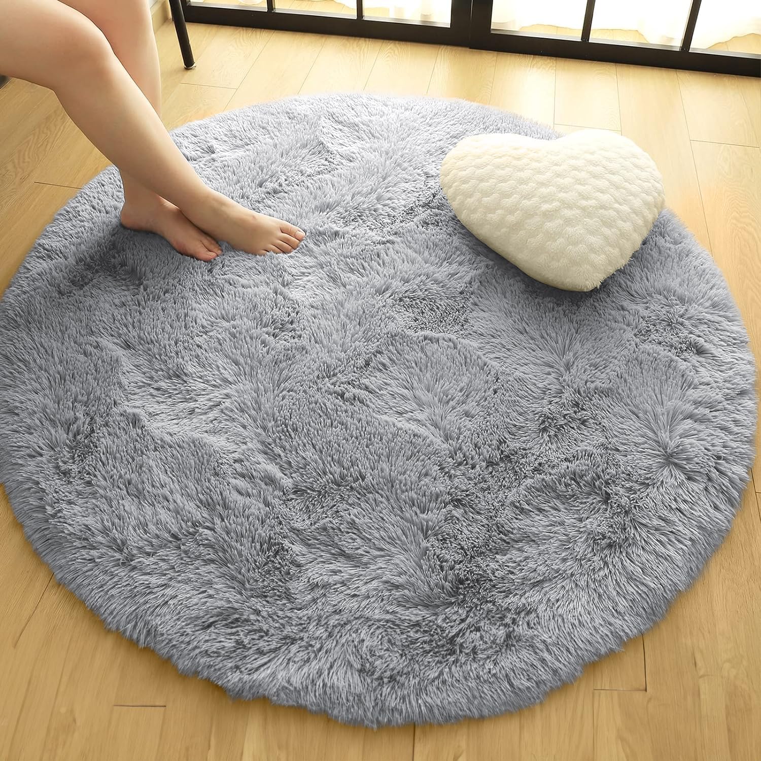 Oxford Homeware Round Rugs Living Room 120x120 cm – Fluffy Shaggy Grey Area Rugs for Bedroom, Lounge – Modern Super Soft Non Slip Rug Washable Floor Carpets Bedside Rug for Kid Room