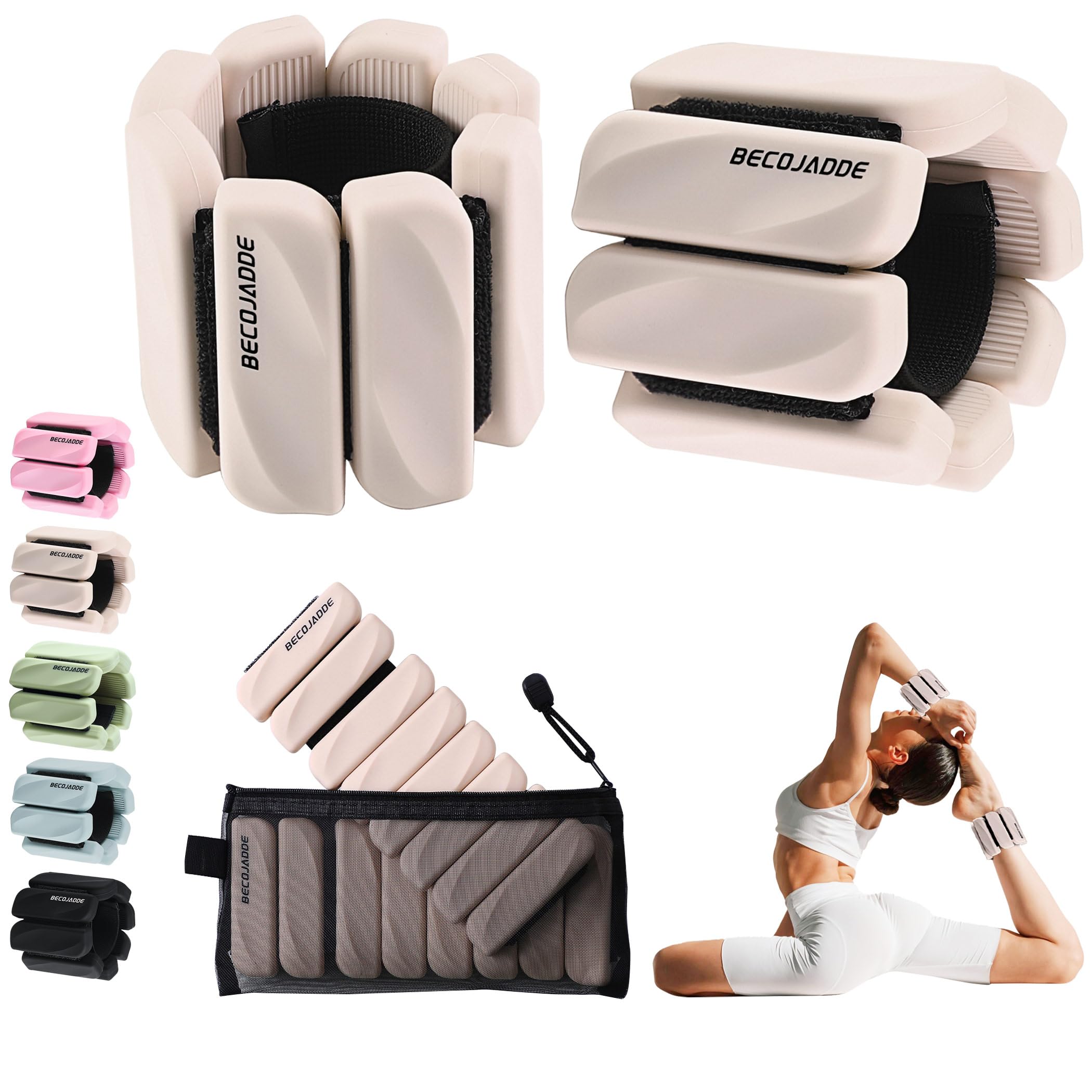 BECOJADDE Ankle Weights for Women Men Set of 2 (0.45 Kg Each) Adjustable Wrist Weights Bracelet for Home Gym Weighted Wristbands Leg Arm Weights for Walking Swimming Running Pilates Yoga Beige