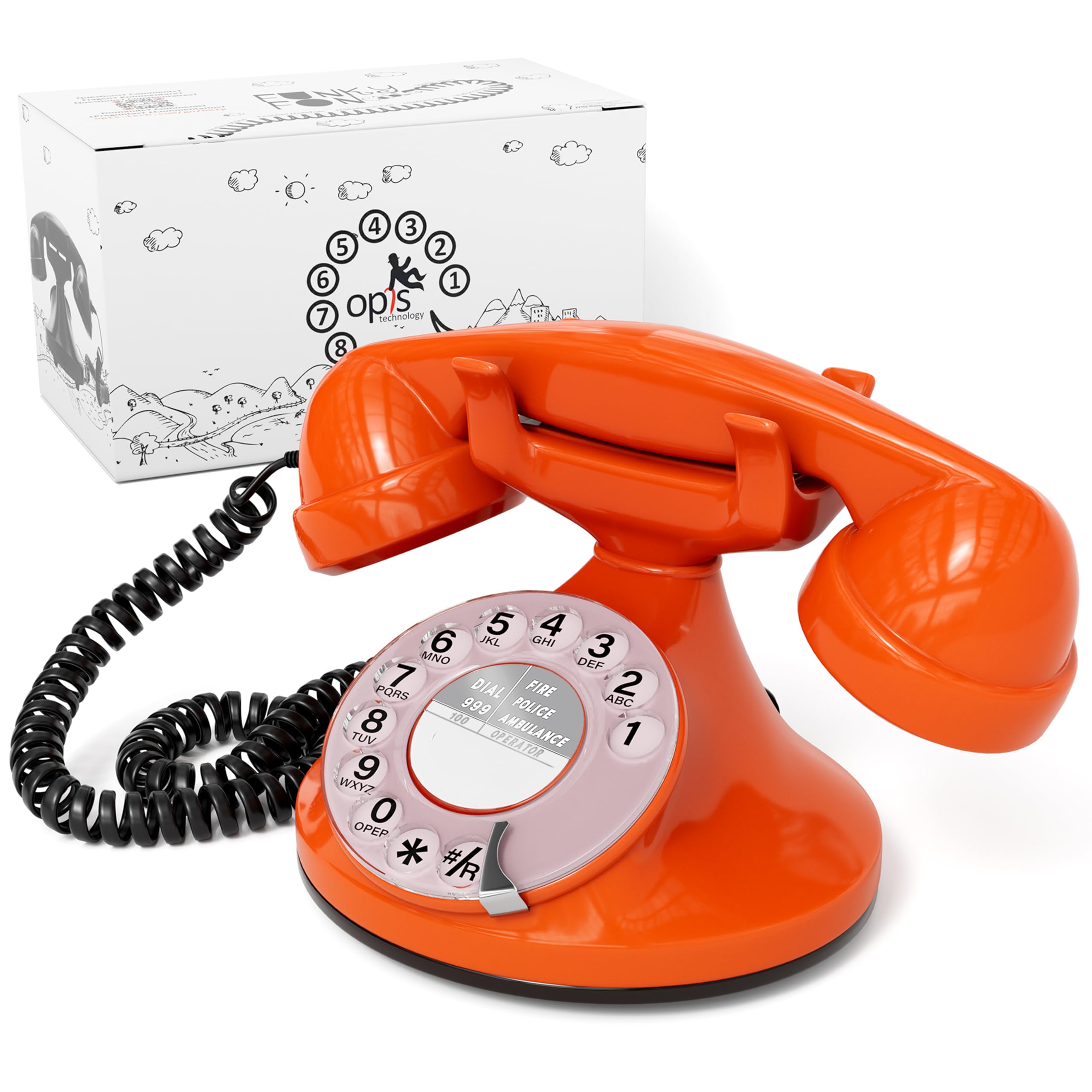 Opis FunkyFon Cable: A Retro Home Phone, Vintage Landline Phone for your Telephones Landline, offering Old Fashioned Telephones style in orange