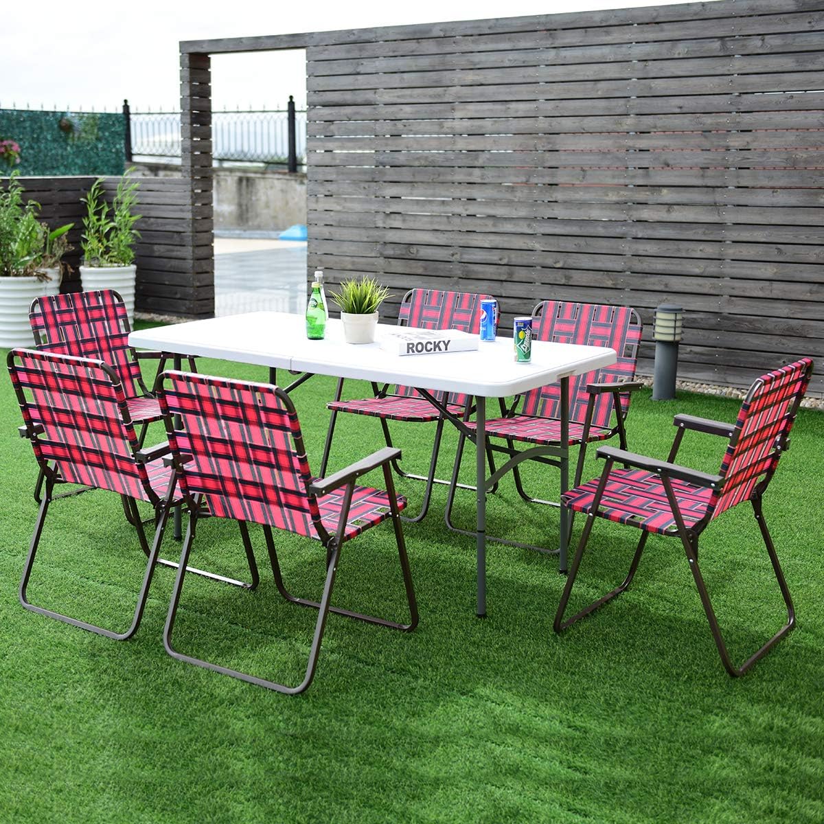 Fishing Beach 6 Pcs Webbing Portable Deck Chair For Camping Outdoor Camping Chair Set Gymax Folding Lawn Chair Blue Green Patio Seating Lounge Chairs