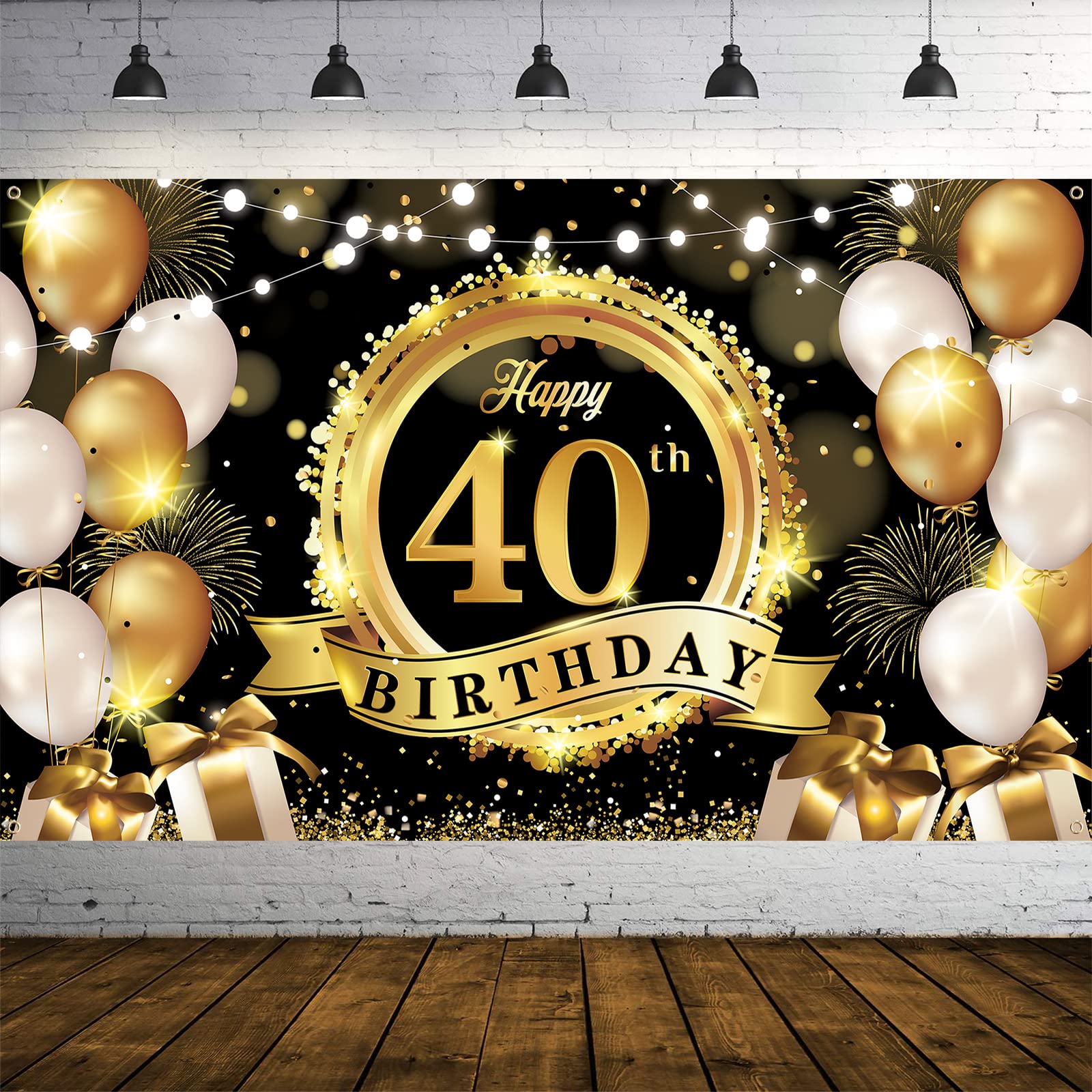 40th Birthday Decorations Black Gold, 40th Backdrop Banner Background Photo Booth Sign, 185×110cm Extra Large Forty Birthday Banner for Men Women 40th Birthday Anniversary Party Decor Supplies
