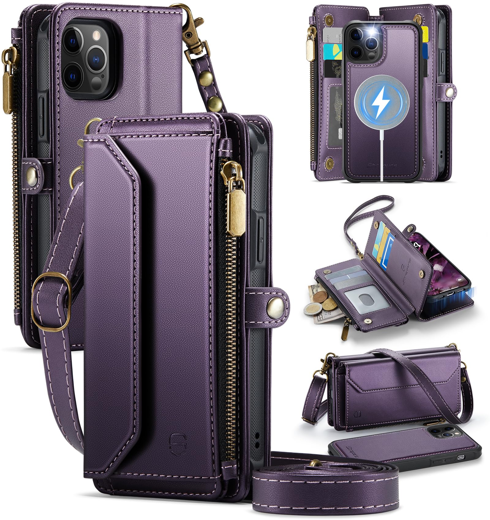 Strapurs for iPhone 12 / iPhone 12 Pro Detachable Wallet Case Compatible with Magsafe, RFID Blocking 9-Card Holder Zipper Strap Lanyard PU Leather Magnetic Phone Case for iPhone 12 6.1", Purple
