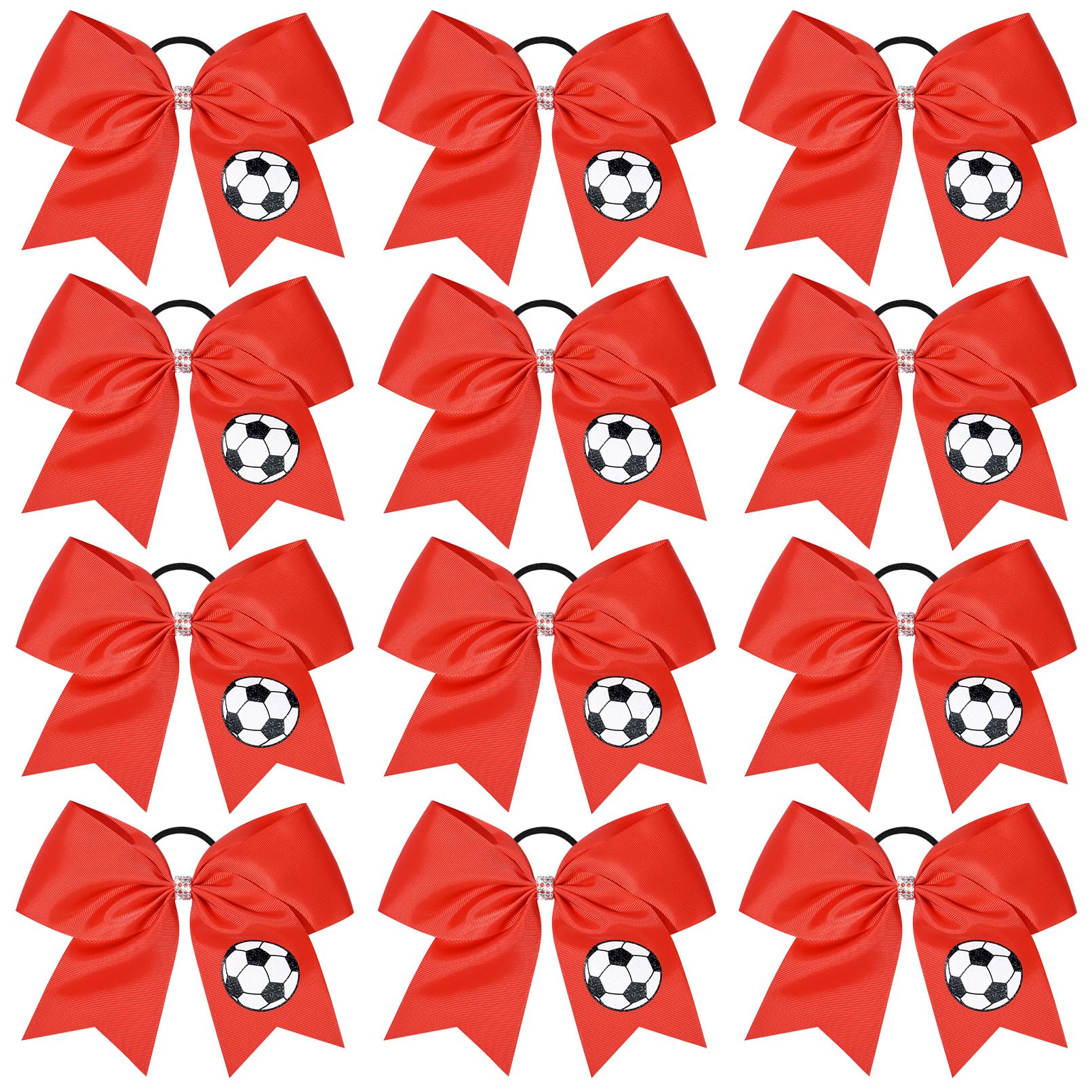 Photo 1 of 12PCS Soccer Bows 8" Soccer Cheer Bow Large Girls Hair Bows Cheerleading Bows Bulk Elastic Band Ponytail Holder for Teen College Football Competition-Red