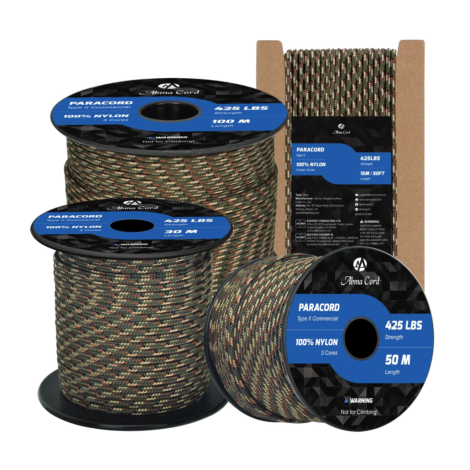 Abma Cord Paracord 3mm 100m 100% Nylon Rope Type II 3 Strands Parachute Cord - Max. 192kg (425lbs) - Forest Camo