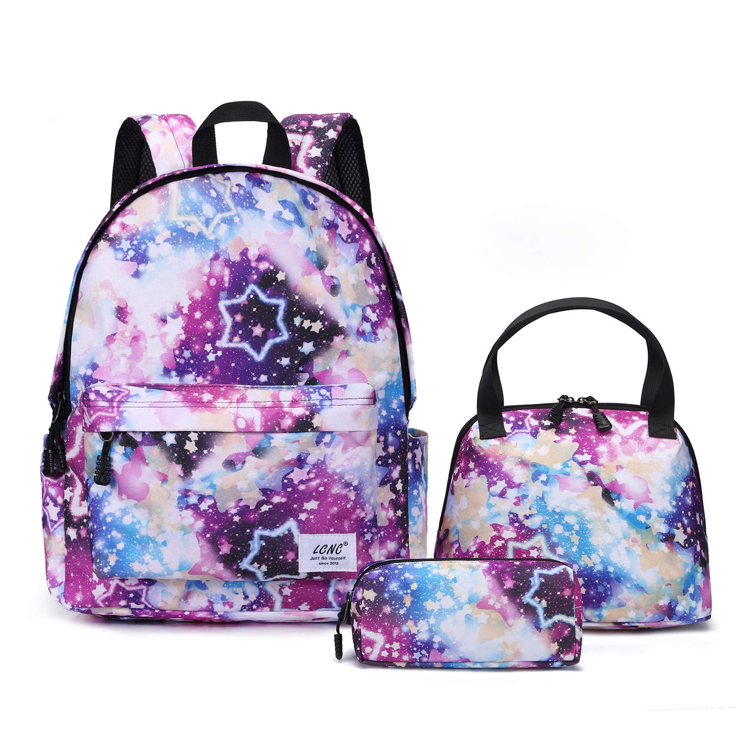LCNC School bags Set for Girls Boys,Galaxy Water Resistant Durable Casual Basic Backpack with lunch bag & pencil case for Students