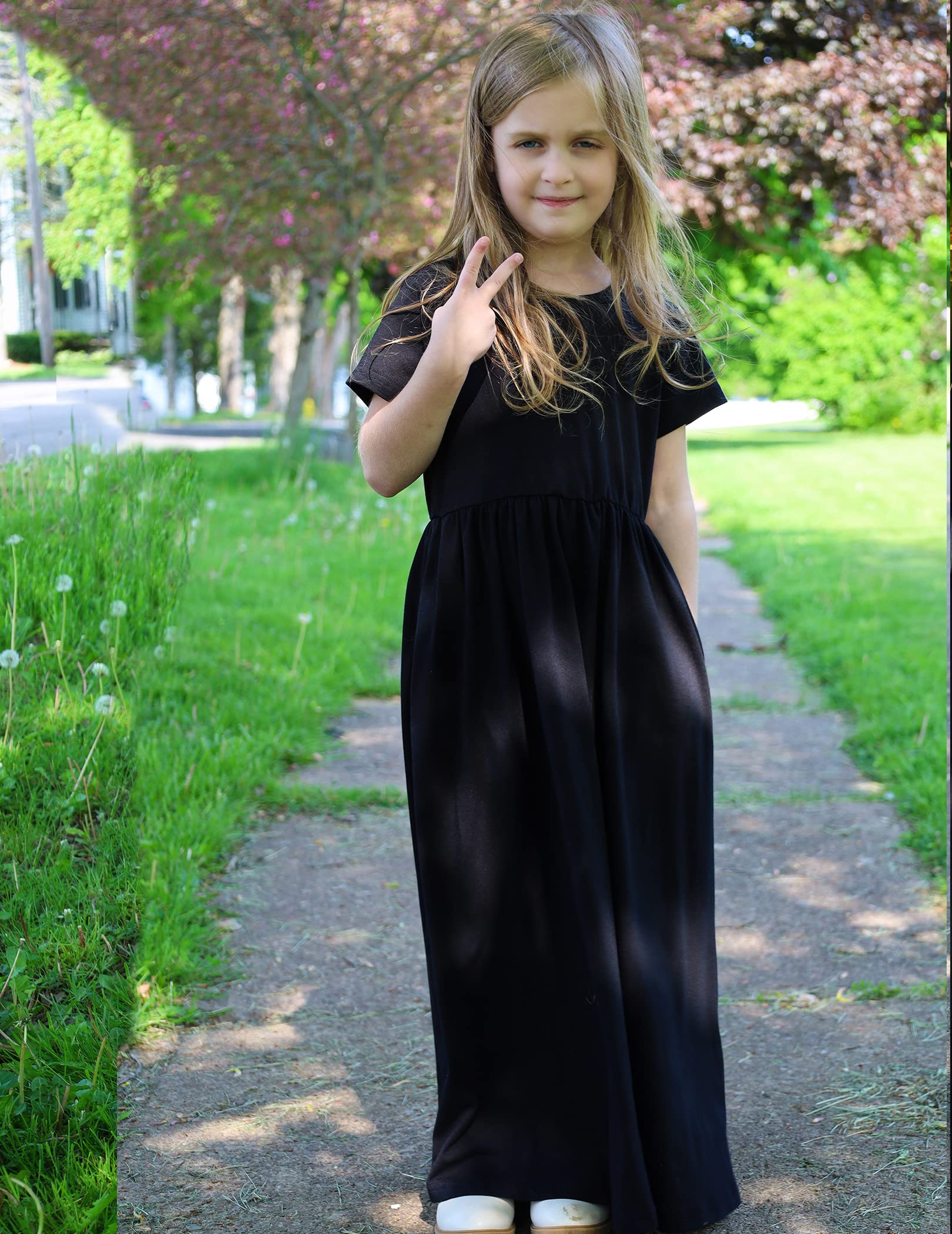 Arshiner Girls Maxi Dress Long/Short Sleeve Casual Holiday Dress with Pockets for 5-13 Years