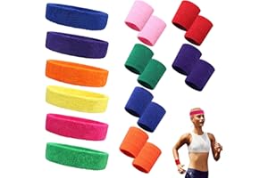 Sweatband and Wristband Set Sport Headband 6 Sets Sports Headbands and Wristbands – Soft Terry Fabric – Elastic, Breathable, 