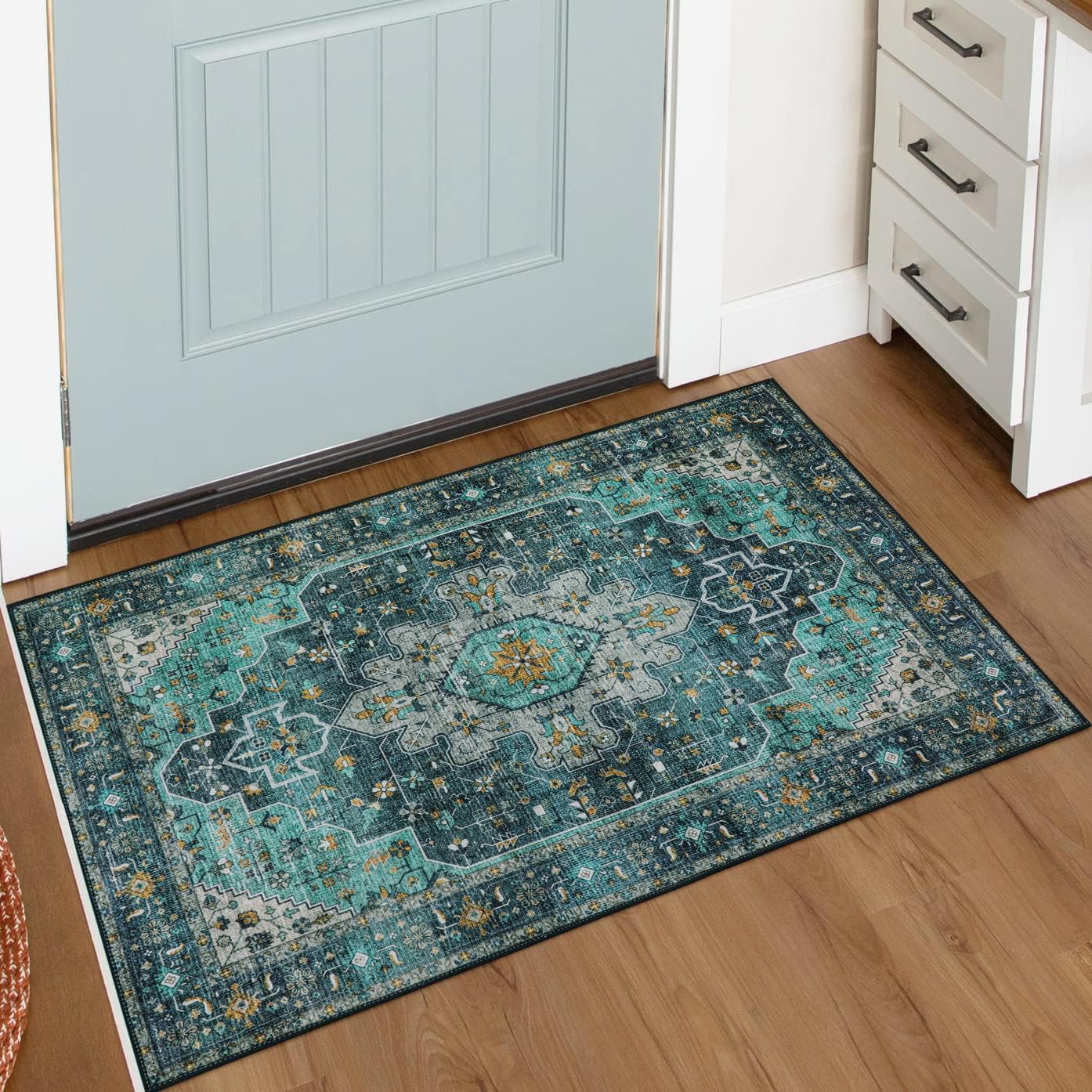 Rugs, Pads & Protectors - Moynesa Ultra-Thin Washable Area Rug - 2x3 Teal Small Washable Entryway Rug Bath Mat, Boho Non-Slip Stain Resistance Low Pile Indoor Accent Carpet for Home Laundry Room Hall Foyer Decor Gift