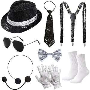 RIOSO 70s 80s Disco Outfits Dance Star Costume 70s 80s Pop Stage Sequin Gloves Black Fedora Hat Aviator Sunglass Tie Sequin S