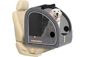 PAWZIDEA Portable Dog Crate for Car Travel, Collapsible Pet Travel Crates for Medium & Large Dogs, Enclosed Soft-Sided Car Kennel Carrier for Backseat, Secures w/Seatbelt & Headrest Strap, Chew-Proof