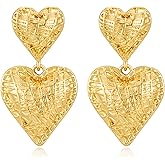 SHANTYSON Heart Earrings for Women 14K Gold Plated Dainty Double Heart Drop Dangle Earrings Textured Vintage Brushed Love Heart Studs Trendy Valentines Jewelry Gift