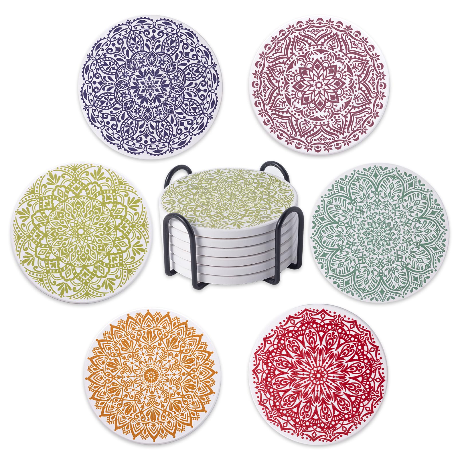 STARUBY Drink Coasters Set of 6 Ceramic Coaster Beautiful Absorbent Coaster Drink Mat with Cork Base Flower3 Patterns Round Coaster Non Slip for Coffee,Beer,Mug,Wine Glass Bottle,Home and Bar