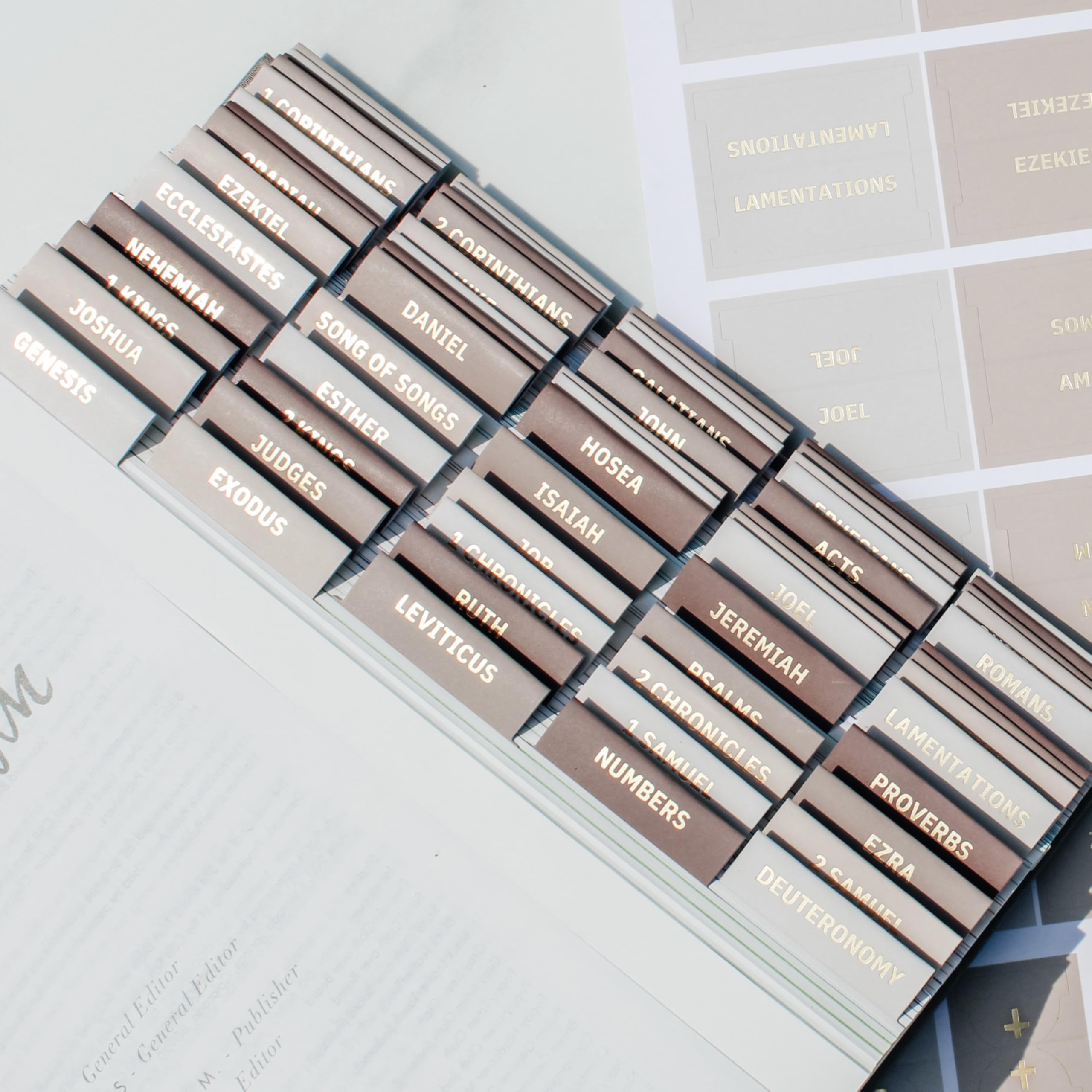 Photo 1 of Decorative Bible Tabs for Women (96 Pieces) - Earth Tone Neutral Gold Foil Bible Tabs - Laminated Bible Labels Tabs – Remove & Replace Bible Index Tabs - Bible Study Supplies for Women (Oak)