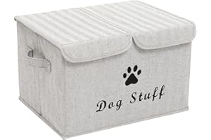 Brabtod Large Dog Toys Storage Box Canvas Storage Basket Bin Organizer with Lid - Collapsible Linen Bin Ideal for Organizing Dog Cat Toys and pet Stuff-PP Boad-17" x 12" x 10" - Gray Stripe