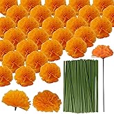 ROYHOO 50PCS Marigold Flower Heads Bulk, Silk Marigold with Stems Artificial Flowers for Diwali Home Decor Day of The Dead Wreath Garland