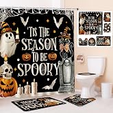 HunnmingRe 6 Pcs Halloween Bathroom Decor, Spooky Ghost Shower Curtain Sets | Bathroom Set with Waterproof Shower Curtain, Toilet Lid Cover, Bath Towels, Non Slip Bath Mat for Gothic Halloween Decor