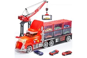 CUTE STONE Ensemble camion de transport 26 en 1 et grue à tour avec 12 voitures en métal moulé sous pression et 12 conteneurs