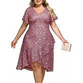 Ever-Pretty Plus Women's Formal Eveing Dress V Neck A-line High Low Sequin Plus Size Christmas Cocktail Party Dresses