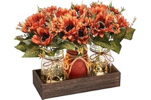 DUOER 3 Pcs Fall Mason Jar Centerpiece Table Decorations for Dining Table Decor Farmhouse Coffee Table Decor with Wood Tray and Led Light Table Centerpieces for Dining Room Kitchen Living,Orange