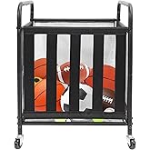 STO STO Rolling Sports Ball Storage Cart, Lockable Basketball Cage with Elastic Straps, Sport Equipment Holder Organizer for Indoor Outdoor, Steel Storage Rack for Playgroud and Gym, 1 Pack, Black
