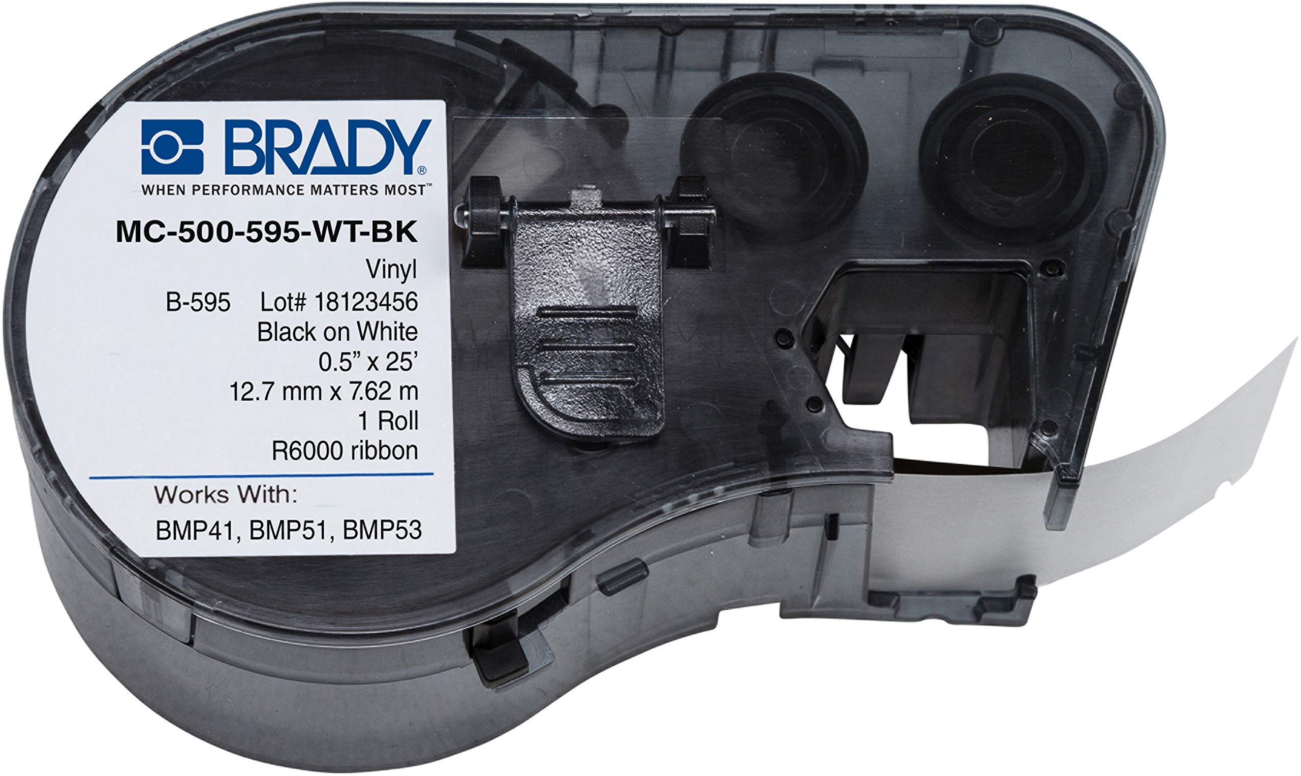 Brady MC-500-595-WT-BK Vinyl B-595 Black on White Label Maker Cartridge, 25' Width x 1/2" Height, For BMP51/BMP53 Printers