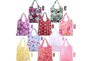 10 Pack Reusable Grocery Bags, 50LBS Foldable Reusable Grocery Nylon Shopping Bags, Machine Washable Waterproof (Nylon Flower