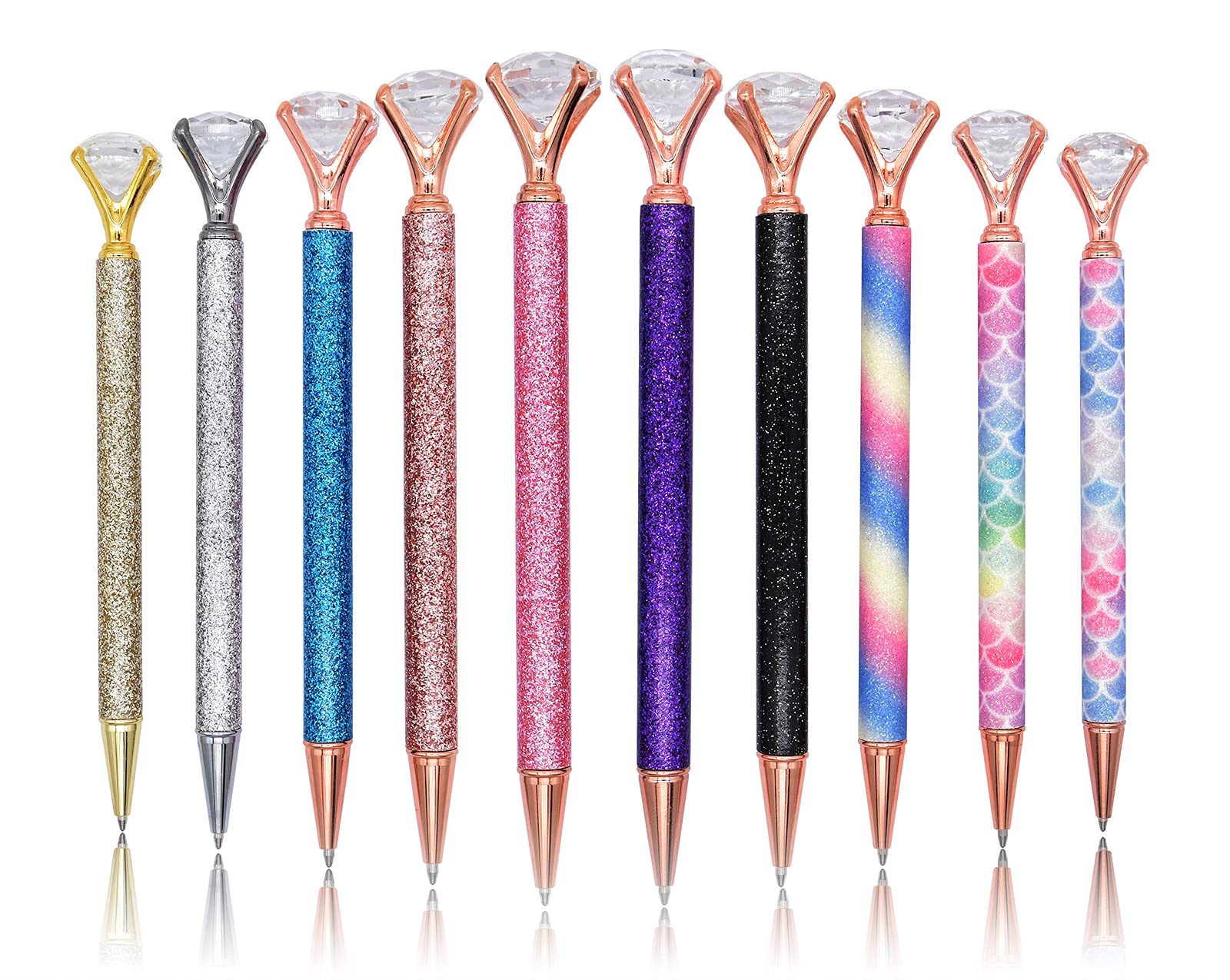 Gullor 10 Pack Diamond Metal Glitter Black Ink Ballpoint Pen with Medium Point for School Business Office, Style C