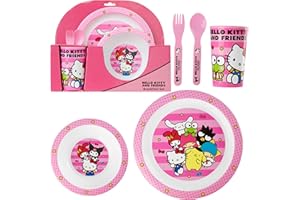Get Trend Hello Kitty Sanrio Dinnerware Sets for Kids, 5 Pc Tableware, Plate, Bowl, Cup, Spoon, Fork, Kawaii Plates and Bowls Set, Gifts for Kids (Pink Hello Kitty)