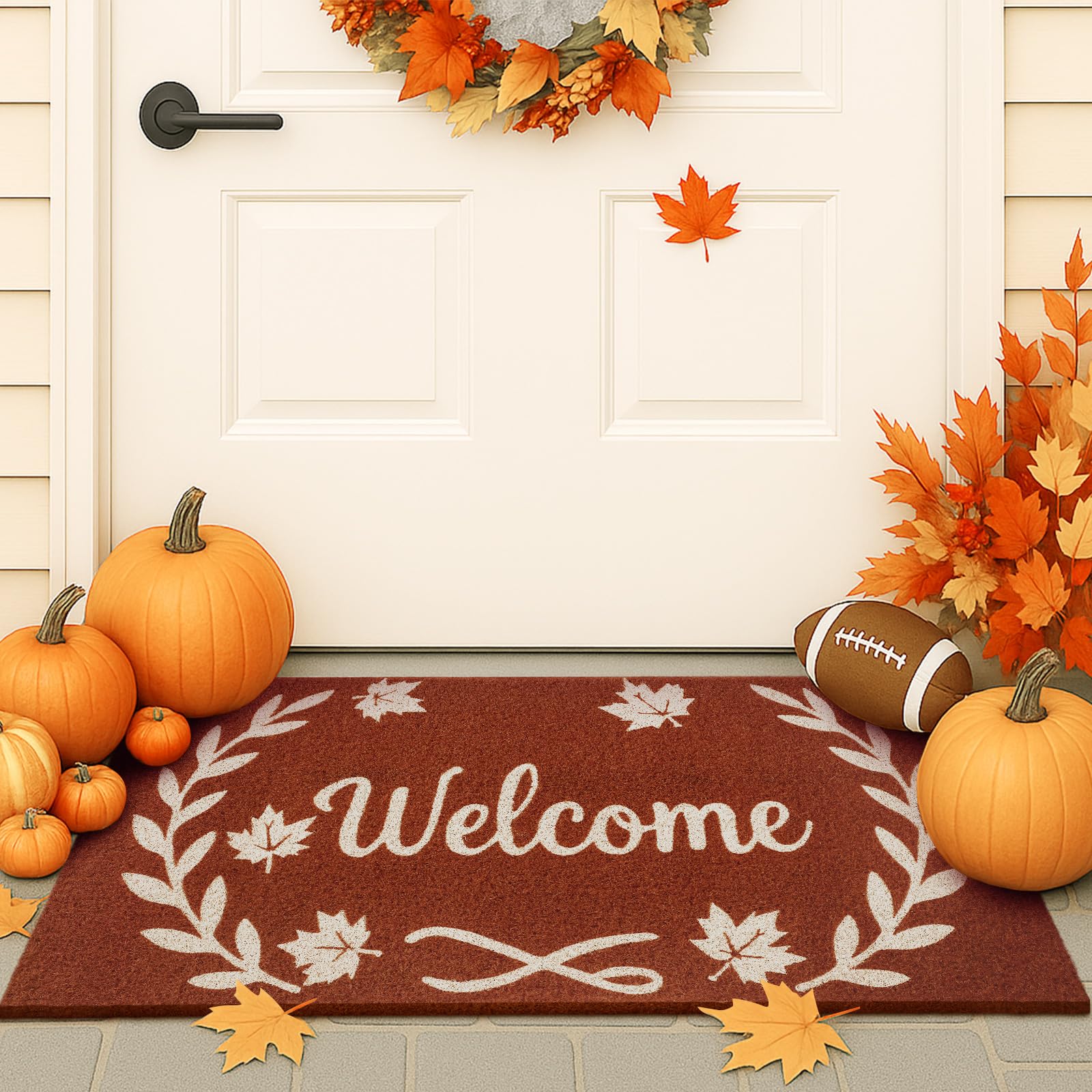 Photo 1 of WILLBOND Fall Coir Welcome Doormat Terracotta Entrance Mat with Maple Leaf Olive Branches Non-Slip Front Door Mat 16 x 28 Inch Harvest Festival Home Decor for Outdoor Indoor