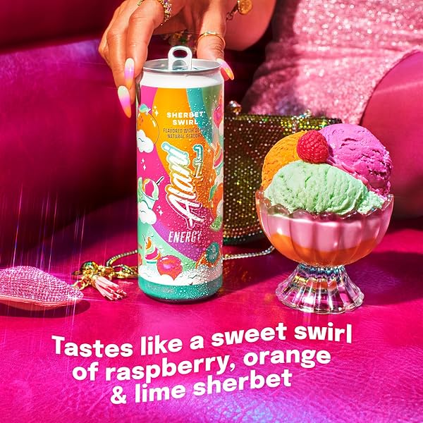 ALANI NU SHERBET SWIRL SUGAR FREE, LOW CALORIE ENERGY DRINKS, 200MG CAFFEINE, BIOTIN B VITAMINS, ZERO SUGAR, 10 CALORIES, 12 FL OZ CANS, 24 PACK