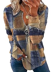 TIAFORD Women's Half Zip Cow Print Sweatshirt Long