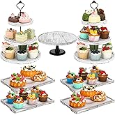 Havawish 7 Pcs Wood Dessert Table Display Set, 3 Tier Wooden Cupcake Stand Round Cake Stand Rectangular Serving Tray Platter for Display Tea Party Wedding Farmhouse(White Color)