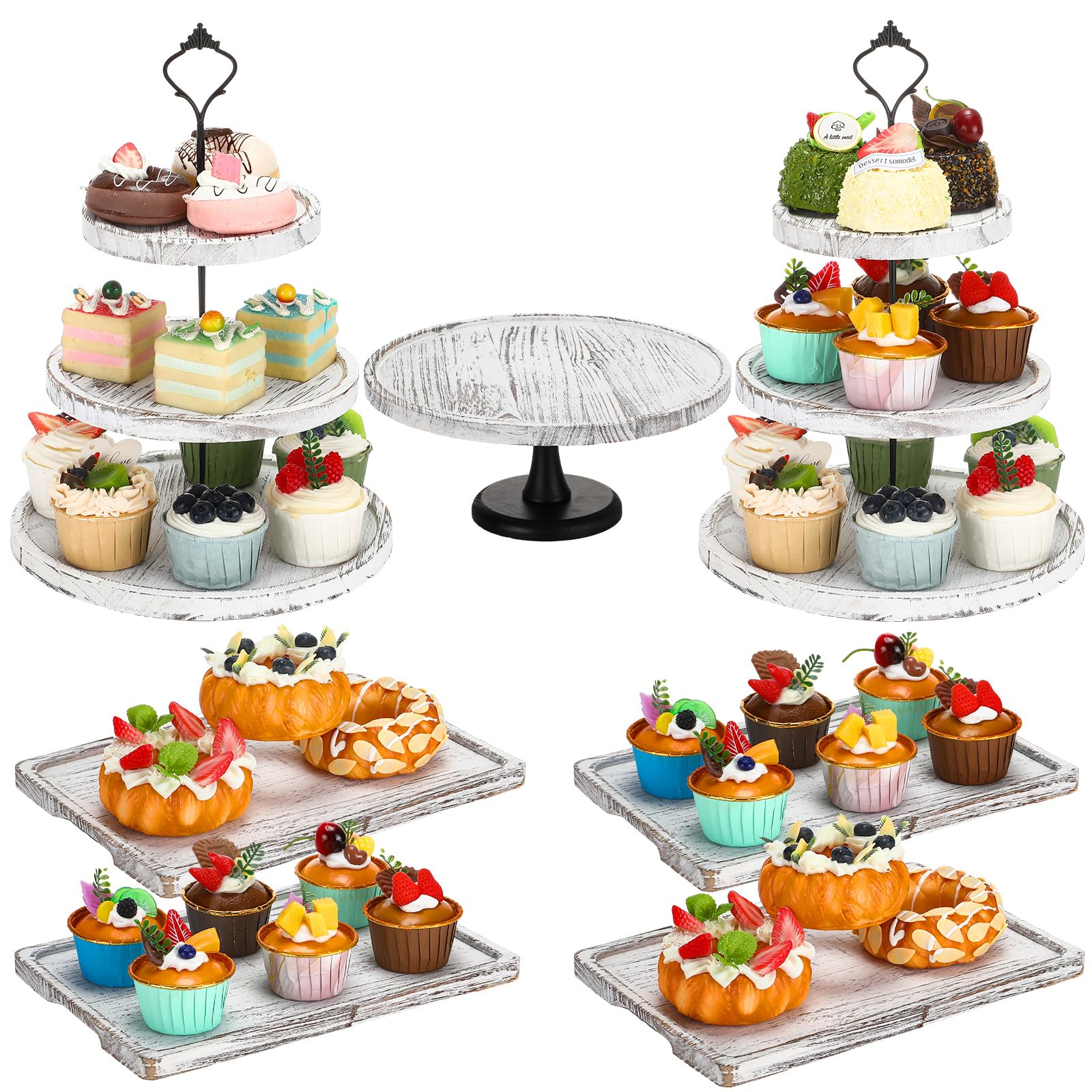 Photo 1 of Havawish 7 Pcs Wood Dessert Table Display Set, 3 Tier Wooden Cupcake Stand Round Cake Stand Rectangular Serving Tray Platter for Display Tea Party Wedding Farmhouse(White Color)