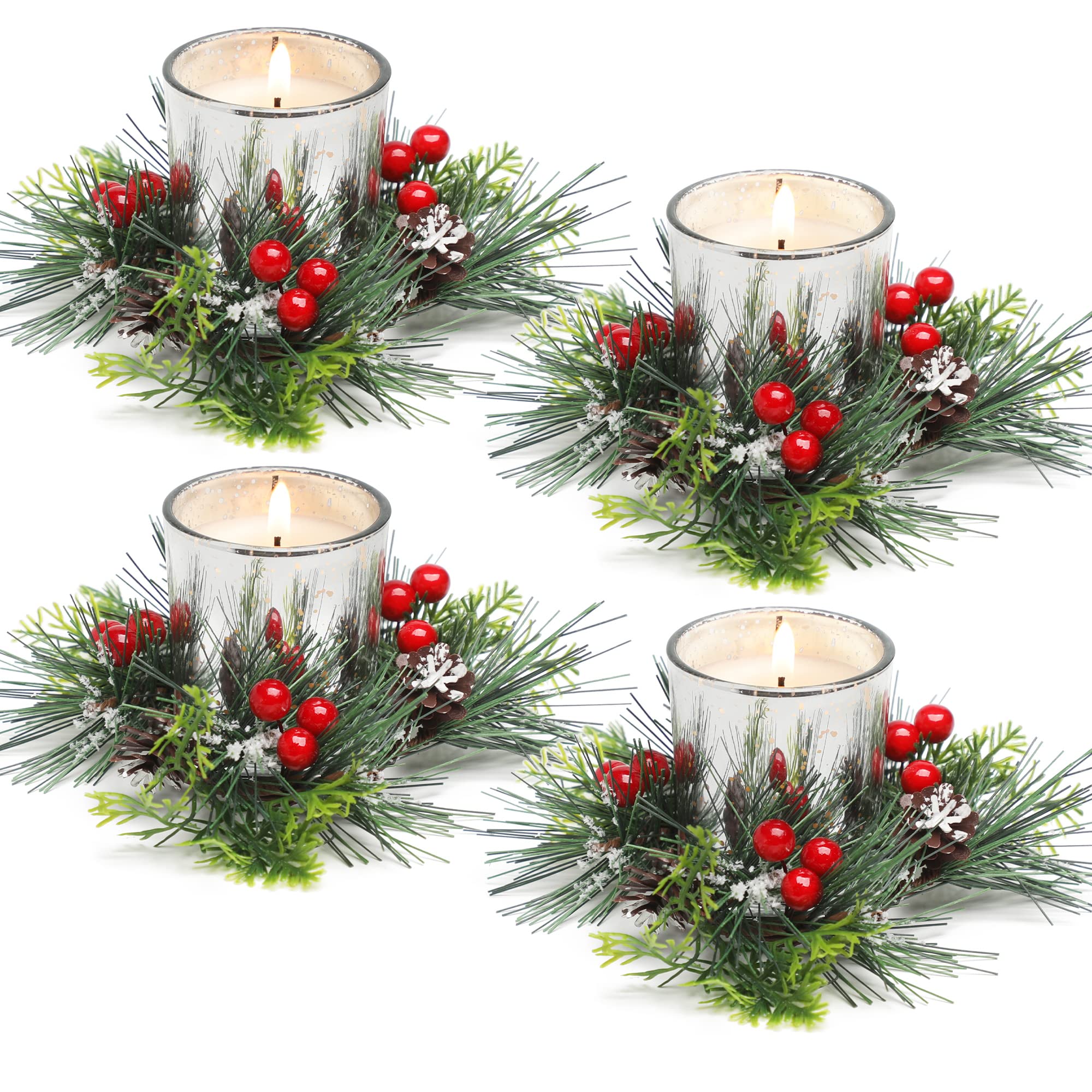 Christmas Candle Ring, Votive Candles with Red Berry and Pinecone Xmas Candle Ring Wreath with Candle Holders Christmas Table Centrepiece Decoration Set of 4 Silve