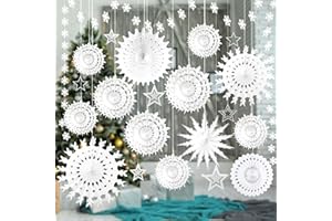 WNSIRVY 21 Pcs White Snowflake Decorations Christmas Paper Hanging Fans Decor Winter Wonderland Party Decorations with Frozen Snowflake Garland Star Hanging for Xmas Winter Wedding Birthday