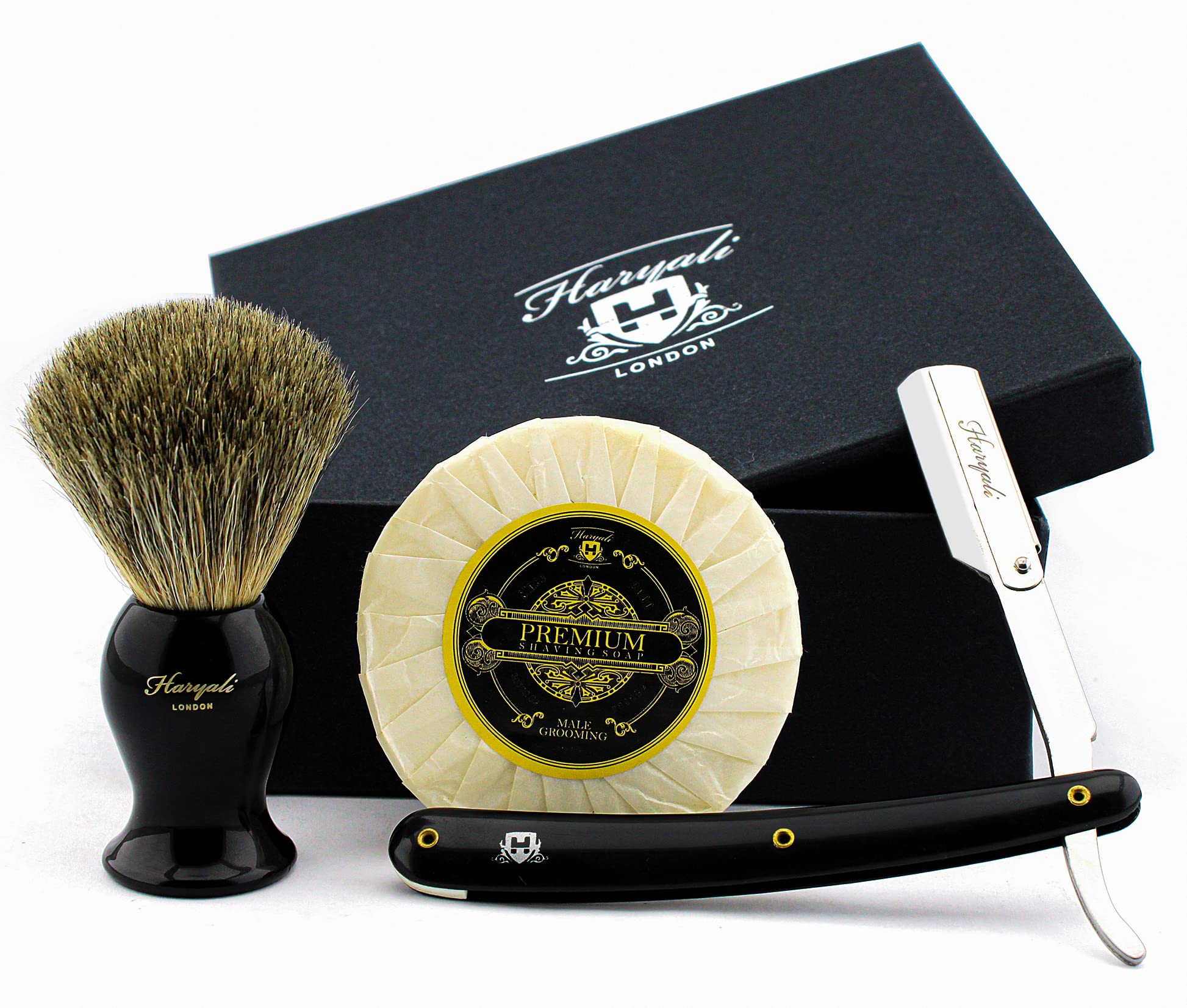 Haryali London Shaving Kit - 3 Pc Shaving Kit - Cut Throat Razor - Badger Hair Shaving Brush Shaving Brush - Shaving Soap - Unique Shaving Set as a Gift Set - Black Color