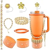 Hpebl 9PCS Orange of Stanley Cup Accessories Set 30/40 OZ Bling Pearl Rhinestones Charms for Stanley Decorations Tumbler Accessories Including Flower Straw Topper, Rhinestones Boot 30/40 OZ