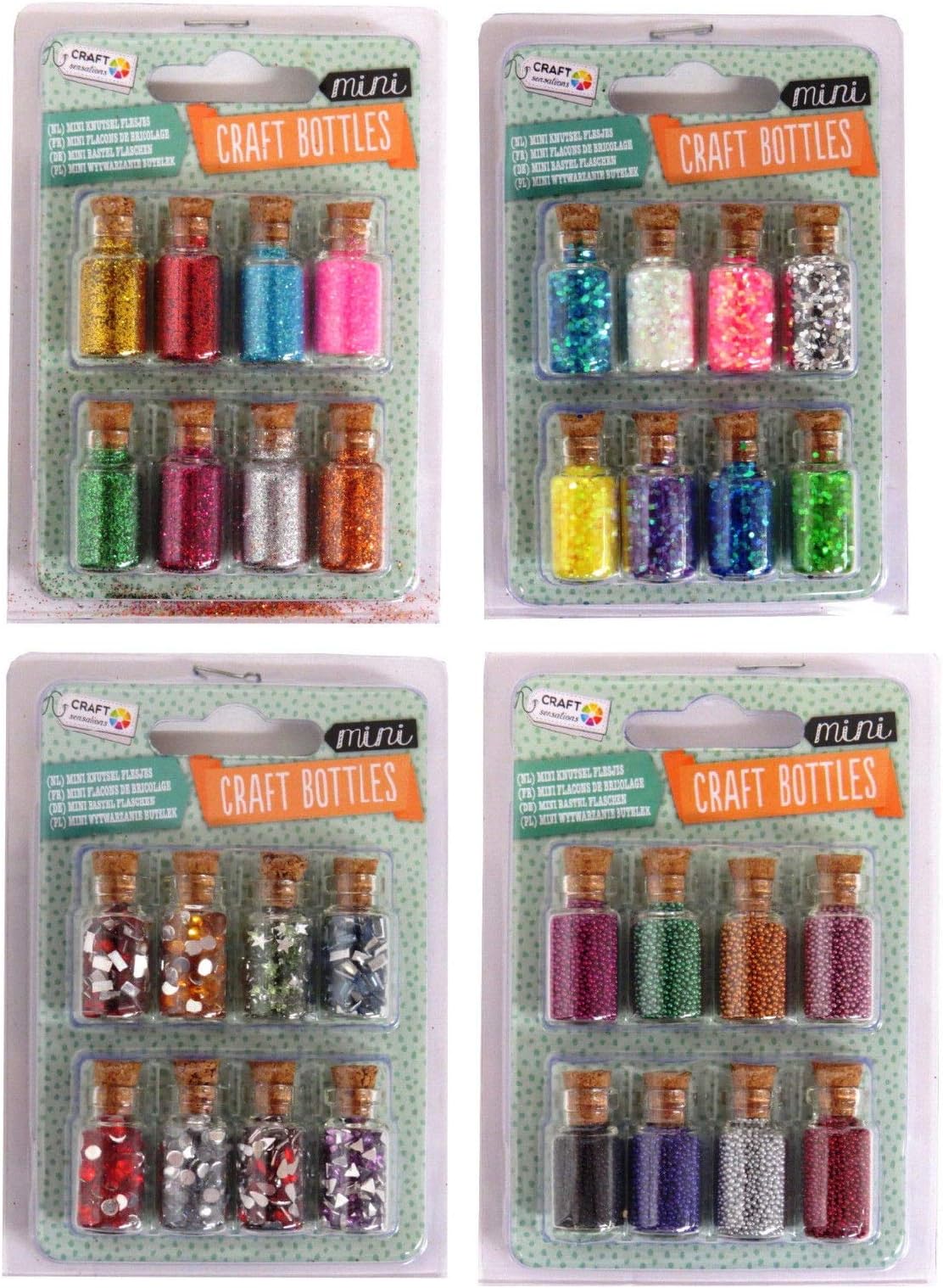 8 Mini Craft Bottles Assorted Gemstones Glitter or Beads Fairy Jars (Set of 4)