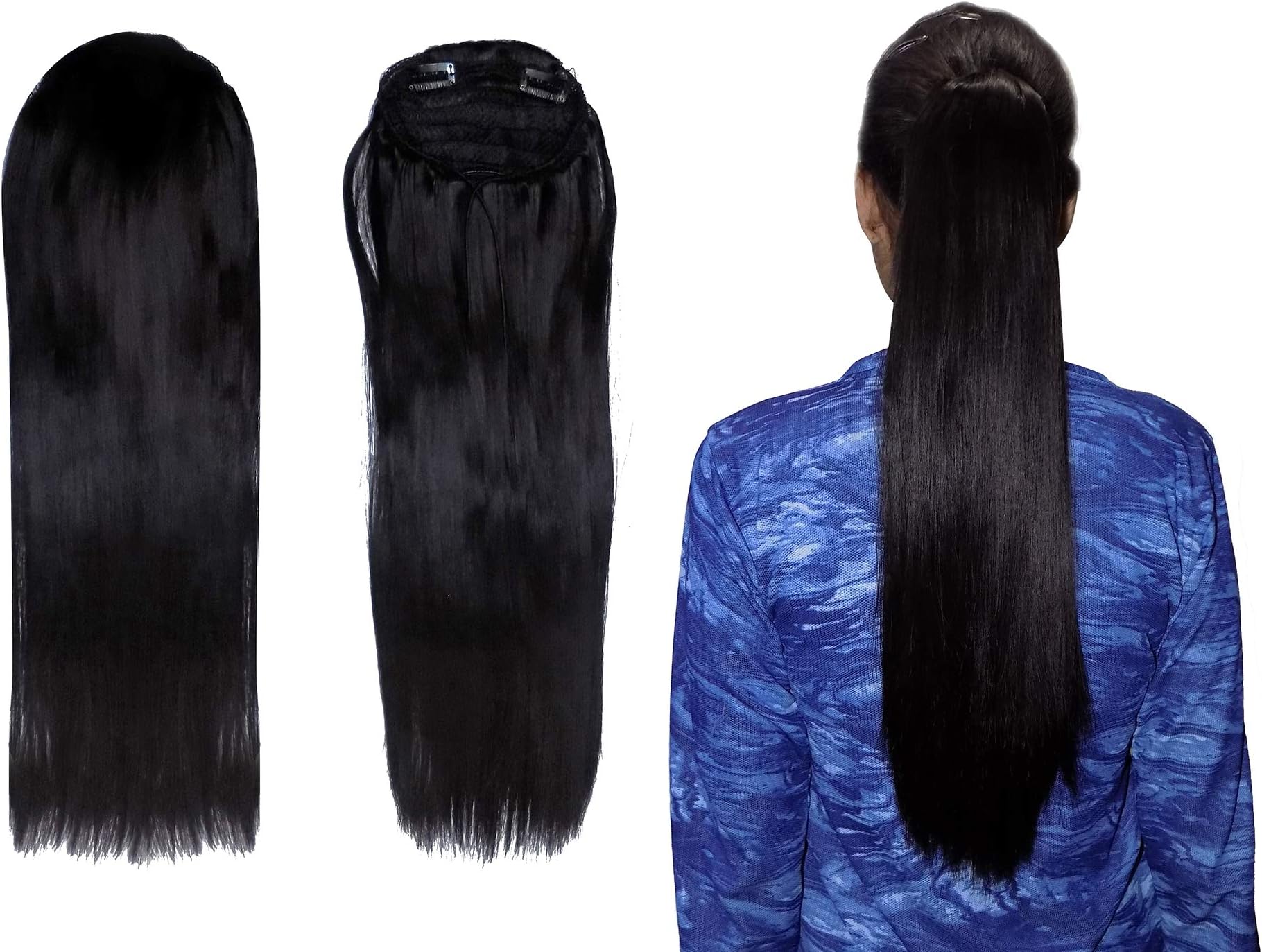 Natural Shiny Long Curly Clip Drawstring Ponytail Synthetic Hair Extensions - Hair Extension For Women & Girls + (free hair extension brush) (Straight Dark Brown)
