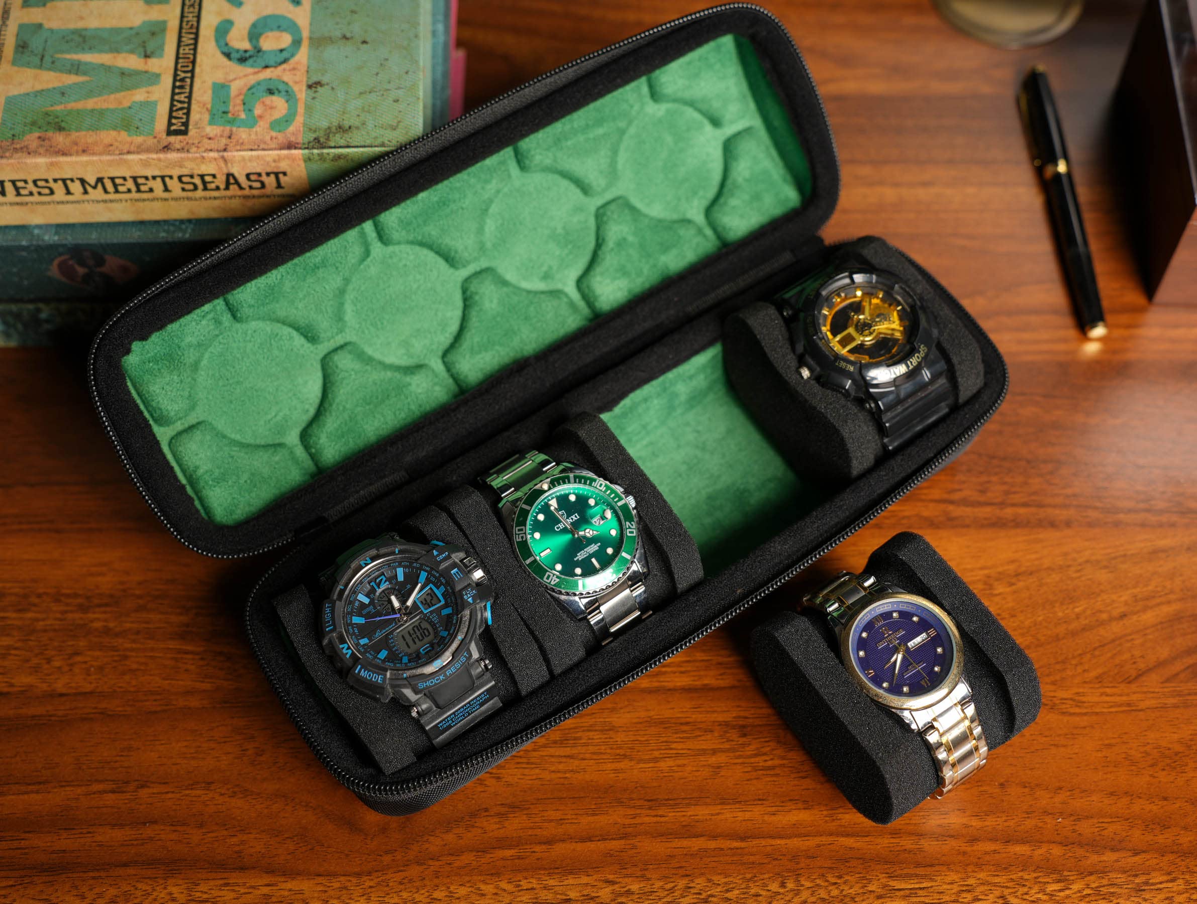 4 slots watch travel case roll, hard watch box storage organizer with soft foam pillows, fit up to 55mm face size watch(green microfiber lining)