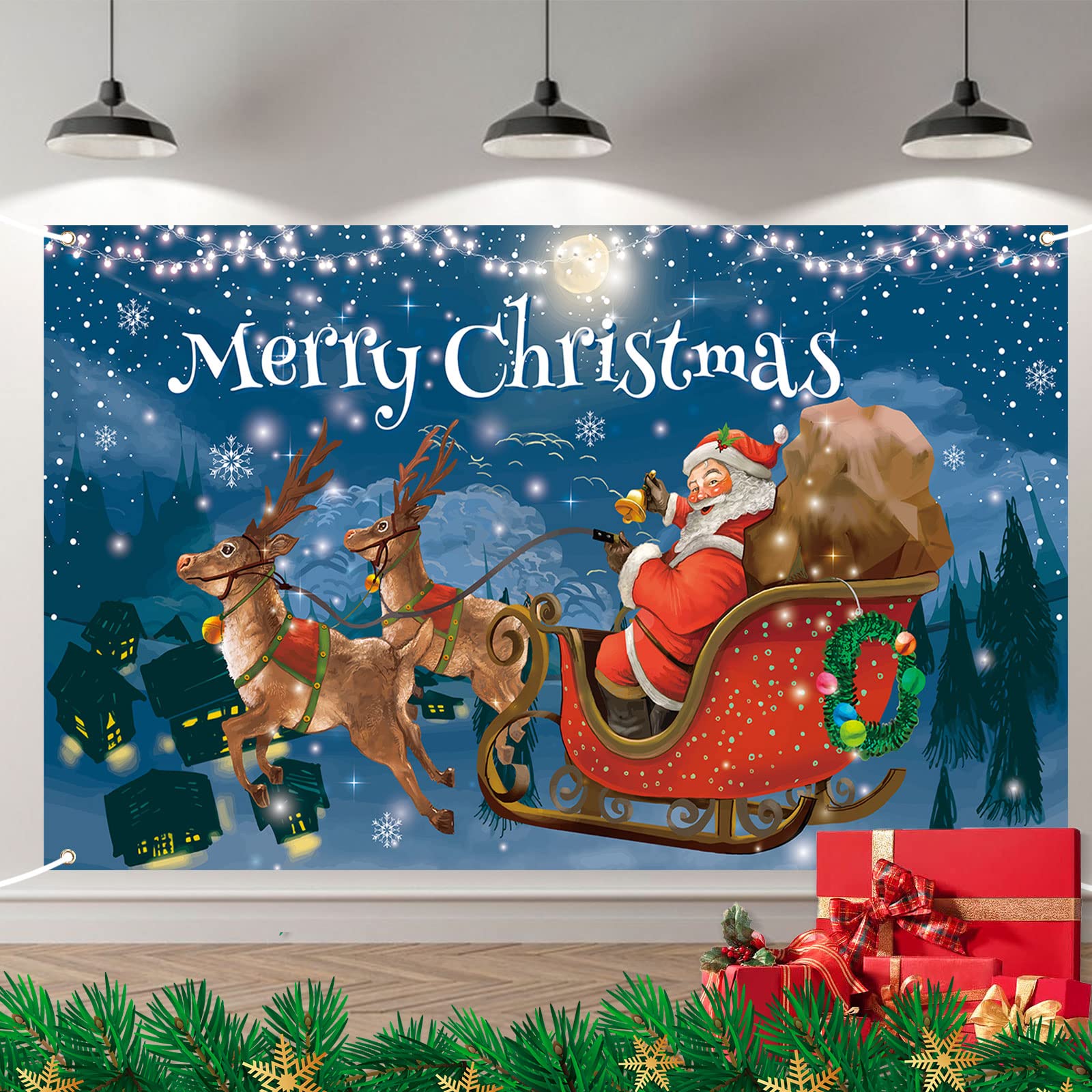 Vintage Style Merry Christmas Banner, Large Santa Sleigh Deer Photo Booth Sign Wall Background Hanging Banner for Indoor Outdoor Party Decoration